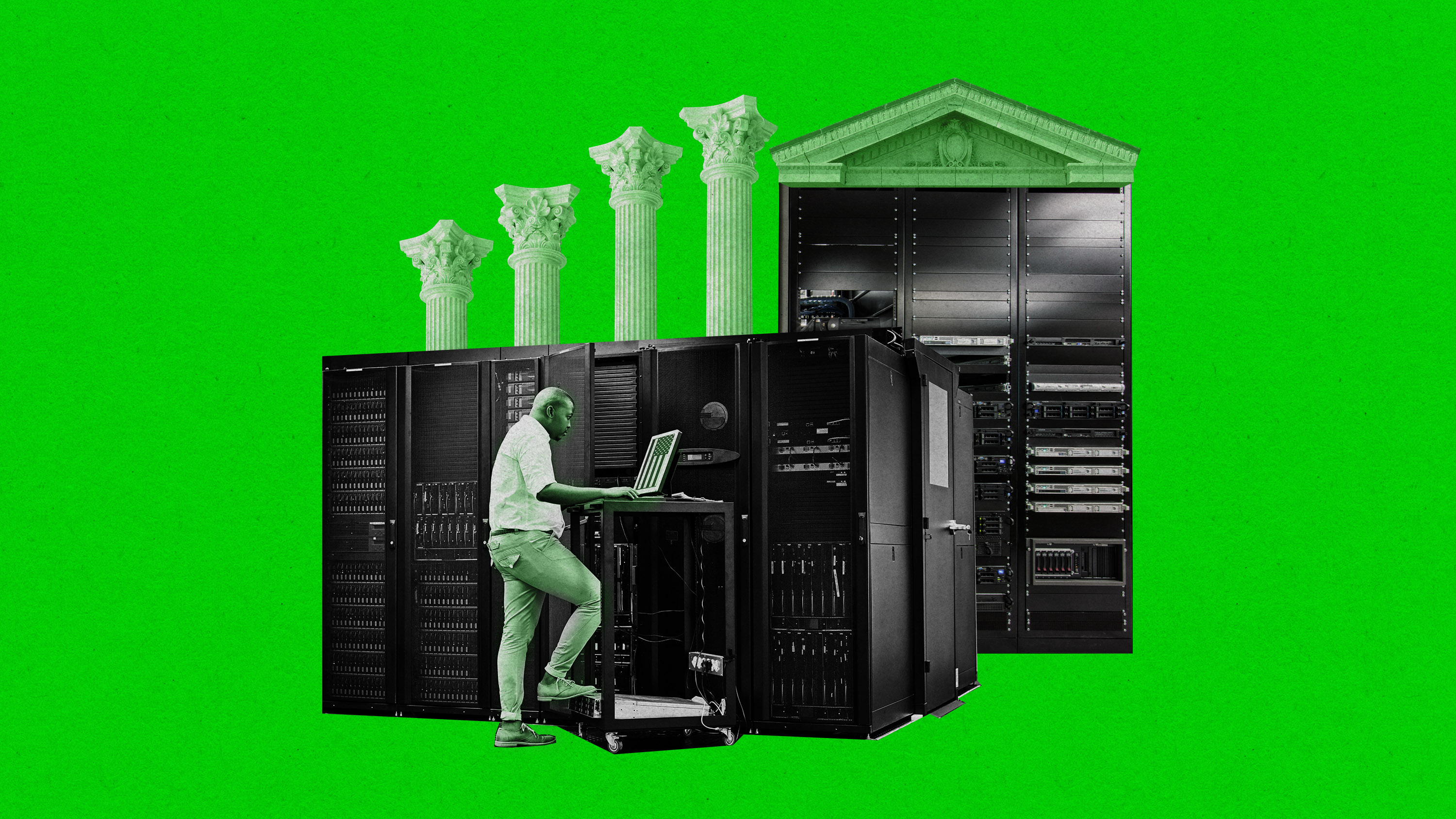 Cuatro columnas y un frontón griego sobre torres de servidores mientras un investigador mira un portátil en un carro de servidores.
