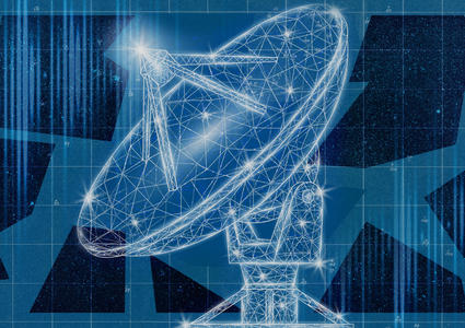 Collage de ilustraciones fotográficas que muestra un radiotelescopio con un fondo fragmentado de espacio y ondas de radio.