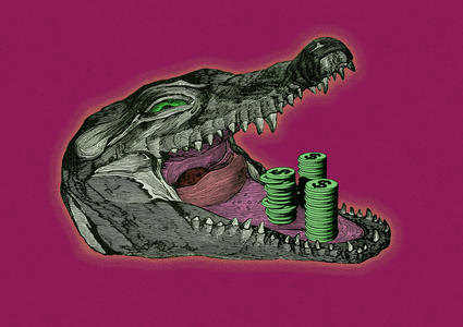 la cabeza de un cocodrilo resplandeciente con montones de monedas en la boca abierta