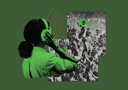 una persona con auriculares percibe a una persona resaltada con un círculo verde en medio de una multitud en Woodstock