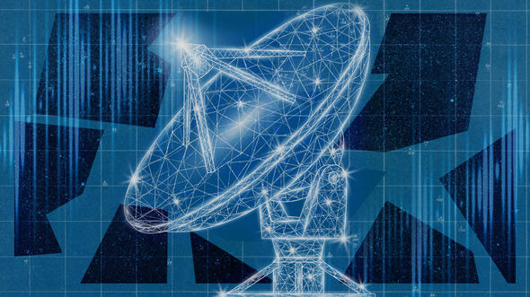 Collage de ilustraciones fotográficas que muestra un radiotelescopio con un fondo fragmentado de espacio y ondas de radio.