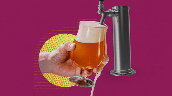 Una mano acerca un vaso de cerveza al grifo para servirla. El texto generado y la espuma se derraman por los lados.