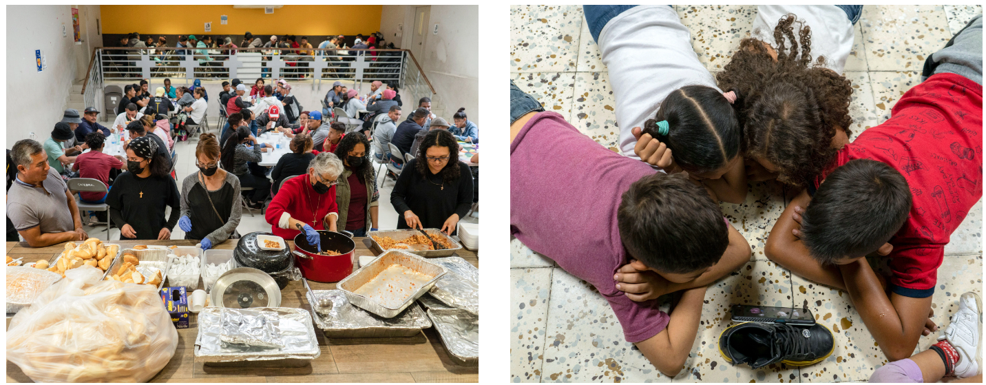 Migrantes reciben una comida en el sótano de la Catedral de Ciudad Juárez.